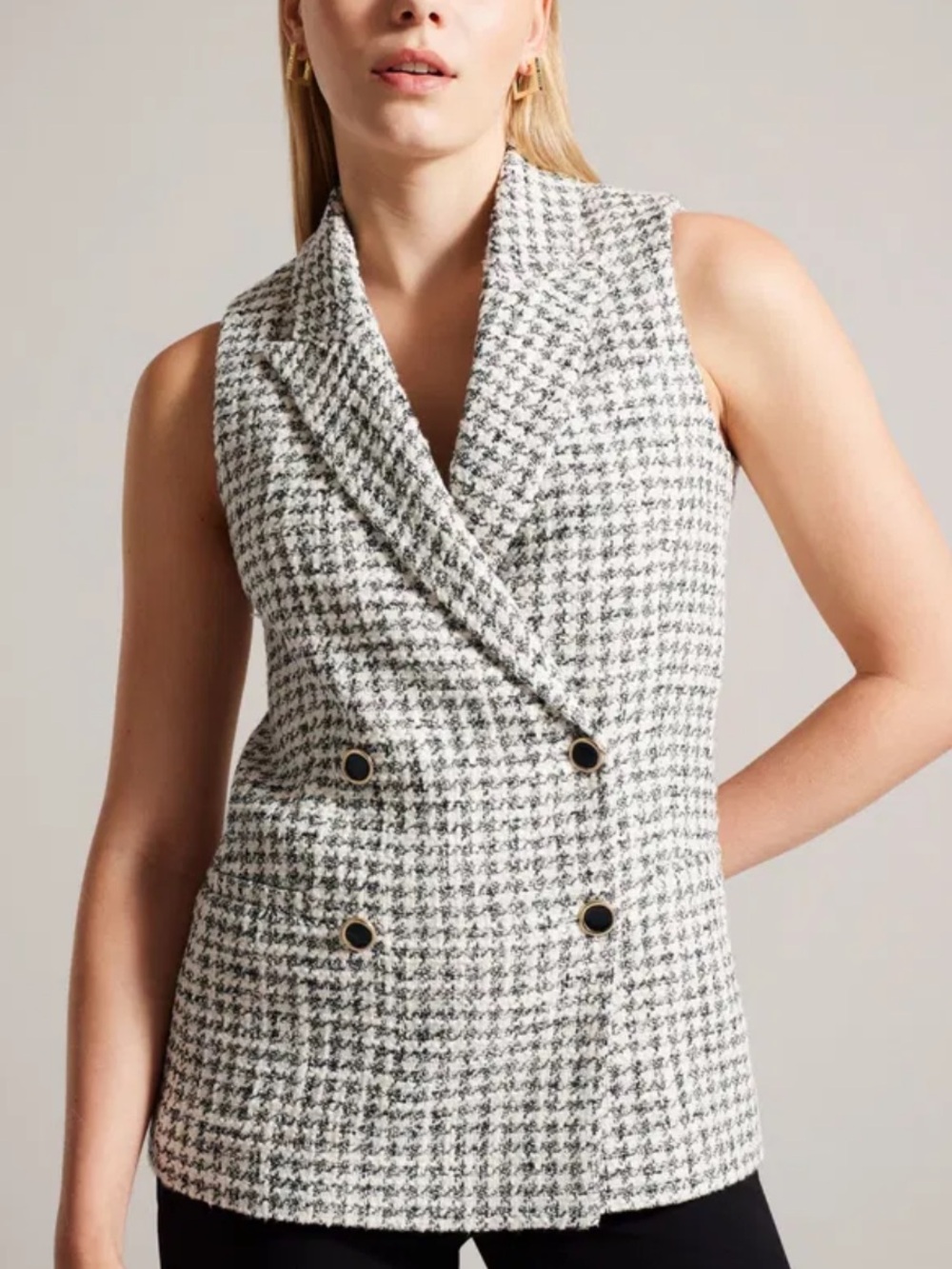 Ted Baker Black & White Houndstooth Sleeveless Blazer Vest